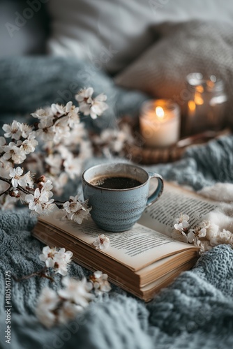 Cozy Morning With Coffee, a Book, and Blooming Flowers on a Soft Blanket