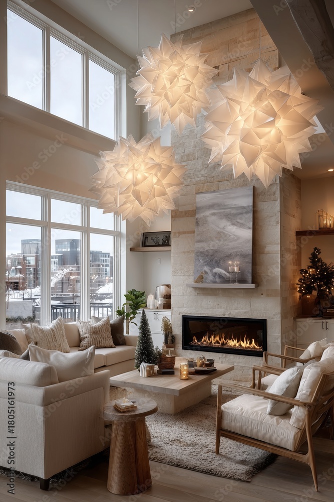 Naklejka premium Elegant Holiday Living Room With Star-Shaped Decorations and Cozy Fireplace Glowing