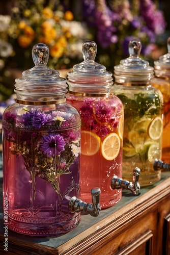 Colorful Beverage Dispensers With Flowers and Fruits at a Garden Event in War...