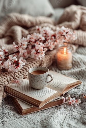 Cozy Morning With Tea, Books, and Cherry Blossoms by Candlelight