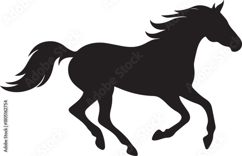 Black Running Horse Silhouette Profile with Fluid Curves on Transparent Background