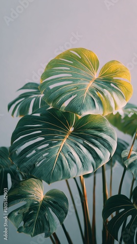 Lush Green Monstera Leaves Flourishing Indoors in Warm Afternoon Light