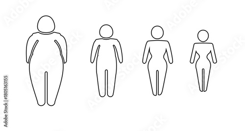 A man or woman diets and exercises from fat to fitness series frontal view. Figure and size person, body index mass. Vector