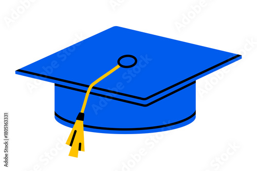 Hand drawn cute illustration of graduation cap with tassel. Flat vector celebration hat uniform doodle. Success achievement ceremony. Education or study sticker, icon. Back to school. Isolated.