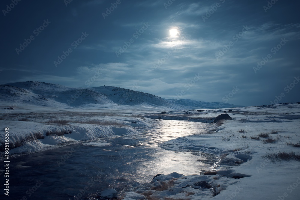 Fototapeta premium Icy stream flows through a snow covered landscape under a bright moon with cloudy blue sky above