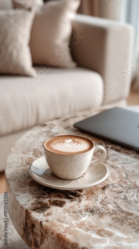 Cozy Coffee Moment in a Stylish Living Room With Warm Sunlight