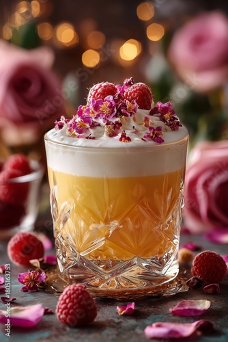 Delightful Cocktail Topped With Raspberries and Rose Petals in a Beautifully ...