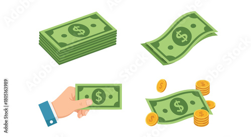 Stacks of money a hand holding cash and gold coins illustrated