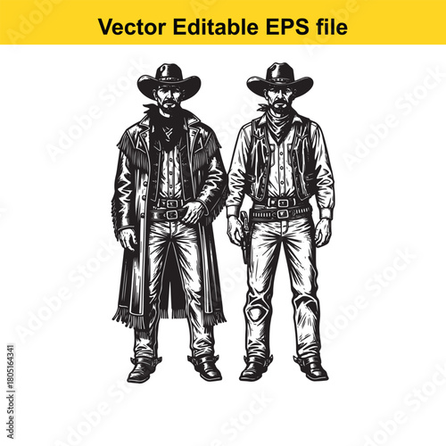 Two cowboys standing side by side, one wearing a long coat and the other a vest, both with hats and guns, isolated on