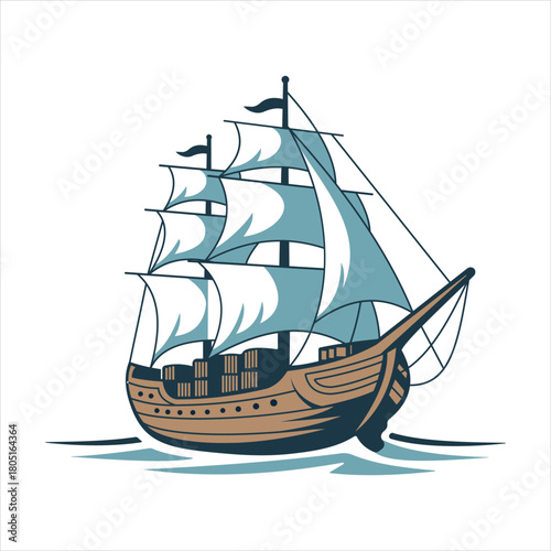 Vintage Sailing Ship Vector Illustration - Nautical Tall Ship with Full Sails