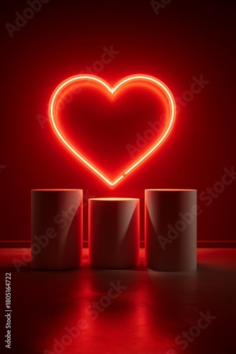 Neon Heart Light Glowing Above Three White Columns in Dark Setting