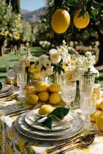 Bright Yellow Lemons and White Flowers Decorate a Sunny Outdoor Dining Table ...