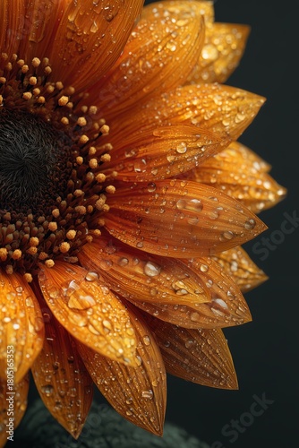 Sunflower With Dew Drops Showcasing Vibrant Orange Petals Against a Dark Back...