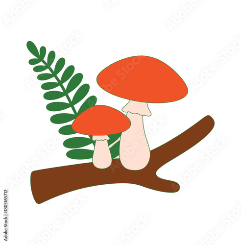 Two red-capped mushrooms grow on a branch next to a green fern.