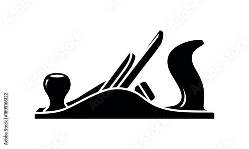A black silhouette of a woodworking hand plane is isolated on a white background.