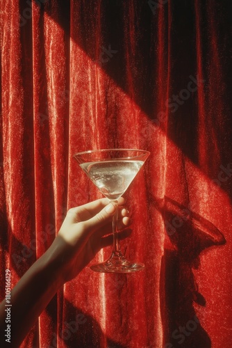 Thoughtful Moment With a Cocktail Glass Against Vibrant Red Curtains