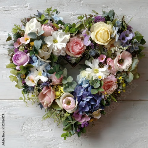 Beautiful Heart-Shaped Floral Arrangement Made of Diverse Blooms and Greenery...
