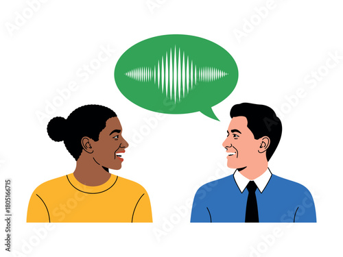 Two people communicate through conversation, symbolized by a soundwave in a speech bubble.