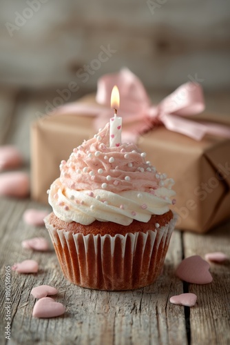 Sweet Cupcake With Pink Frosting and a Candle Beside a Gift on Wooden Table