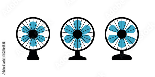 Three different desk fans are lined up in a row against a white background.