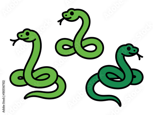 Three cartoon snakes are drawn in simple green outlines on a white background.