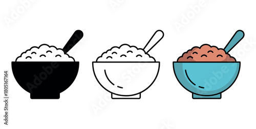 A trio of bowls filled with cereal and spoons, presented in different artistic styles.