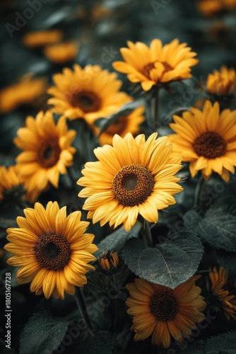 Bright Sunflowers Blooming in a Vibrant Garden During the Late Afternoon Light