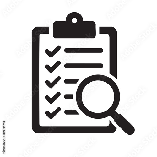 A black and white icon featuring a clipboard checklist and magnifying glass indicating review or inspection