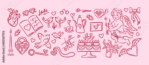 Charming vector sketch of a Valentines Day scene Cupid, cake, castle, birds, teapot, book, heart, tic-tac-toe, embroidery, bouquet, bow, glasses, and a key mingle in a playful, retro-inspired line art