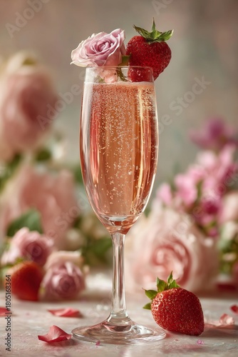 Sparkling Drink With Flowers and Strawberries Served at a Festive Gathering i...