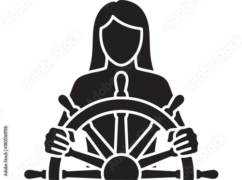 Female captain at the helm a black silhouette vector illustration symbol of leadership and navigation