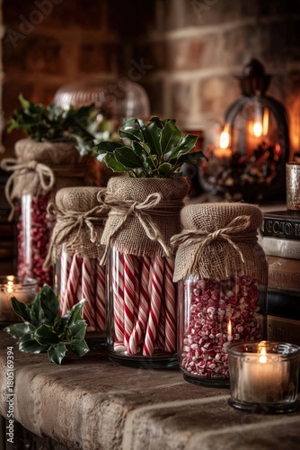 Beautiful Holiday Decorations With Candles, Jars, and Natural Elements in a C...