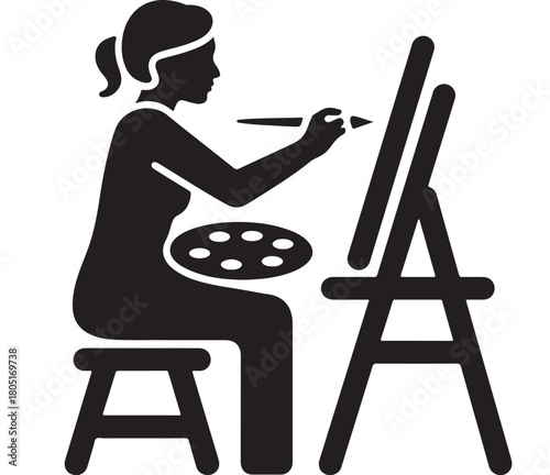 Artist painting on a canvas vector silhouette illustration of a woman at work isolated on white background