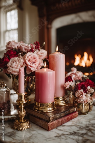 Candles and Roses Arranged Elegantly on a Vintage Marble Table in a Cozy Inte...