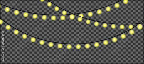 Festive string lights with glowing bulbs on a transparent background, perfect for adding a warm and inviting touch to any design project