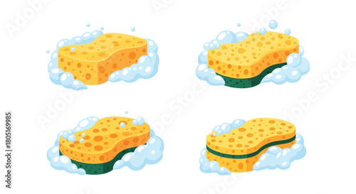 Four colorful cleaning sponges surrounded by foamy bubbles isolated on white