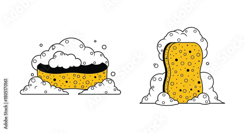 Two cartoon beer mugs with overflowing foam simple black and yellow design