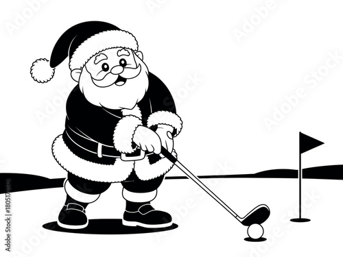 Santa Claus plays golf on a green course.