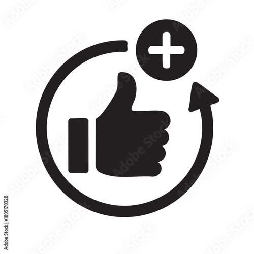 Black and white graphic illustration of a thumbs up inside a circular recycling arrow with a plus sign