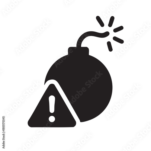 a black and white illustration depicts a bomb with a lit fuse and warning sign
