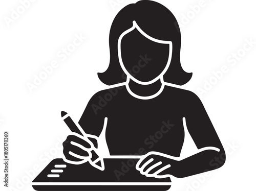 Black silhouette of a woman drawing on a tablet vector illustration for graphic design isolated on white background