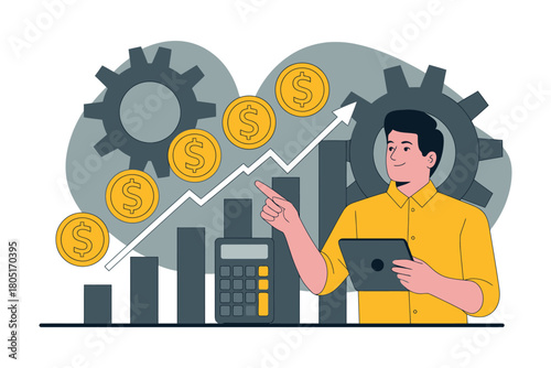 A businessman points to a rising stock chart while holding a tablet computer.