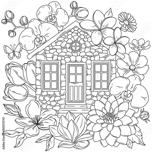 House in flowers.Coloring book antistress for children and adults.A simple drawing.