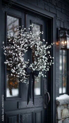 Elegant Wreath Decorated With White Flowers Hangs on a Dark Front Door During...
