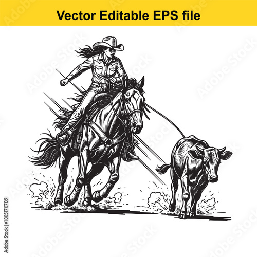 Cowgirl on horseback chasing a calf in a rodeo, vector illustration