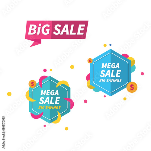 Colorful Sale and Mega Savings Badges with Geometric Shapes and Dollar Signs mega sale