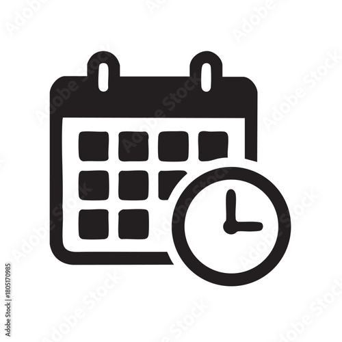 A simple black and white icon depicting a calendar alongside a clock symbolizing time and scheduling