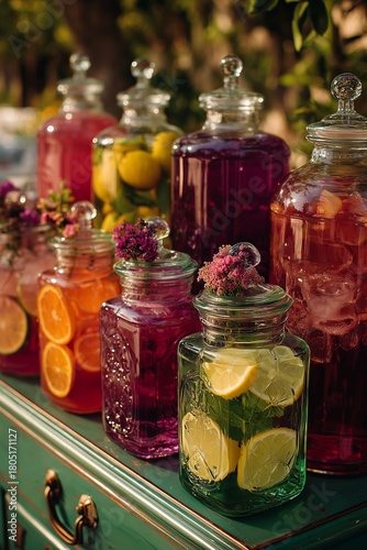 Colorful Beverage Dispensers With Flowers and Fruits at a Garden Event in War...