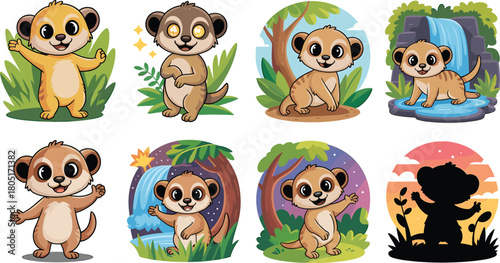 Adorable Meerkats in Diverse Natural Environments and Poses Keywords: meerkat, animal, cute, cartoon, wildlife, jungle, forest, nature, illustration, graphic, character, playful, happy, standing