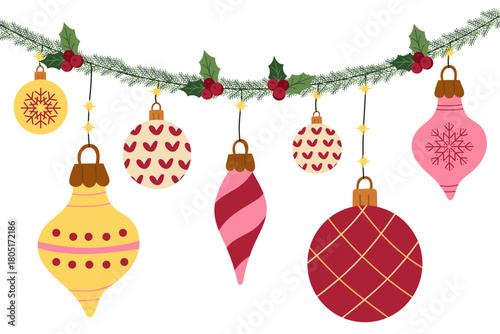 Christmas garland with hanging ornaments, festive baubles and winter holiday decorations. Set includes Christmas balls, elongated ornaments, snowflake designs and soft glowing lights. 